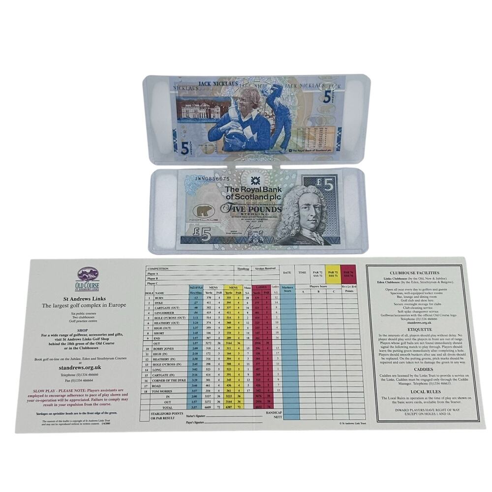 2005 Royal Bank of Scotland Five Pound Bank Note Jack Nicklaus Plus Scorecard